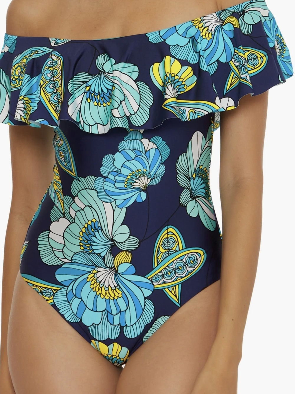 Trina Turk Navy Floral Ruffle Off-Shoulder One-Piece